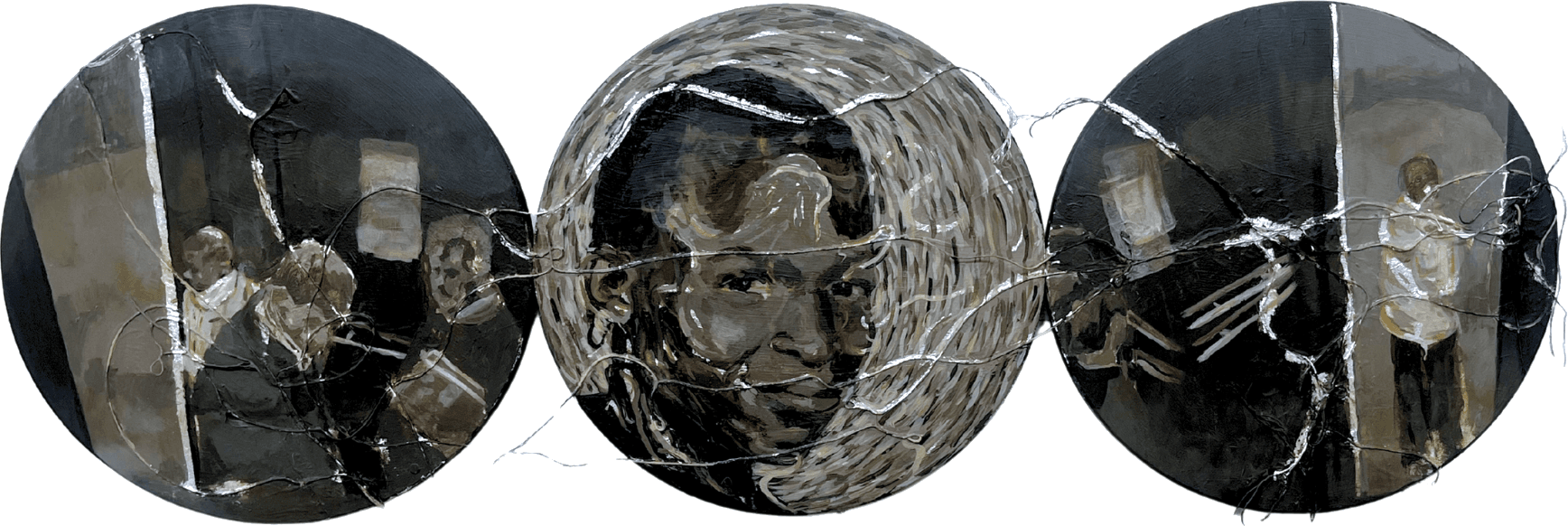 Circular triptych on wooden panels showing a central portrait of Damilola Taylor, flanked by CCTV images, with silver thread connecting the panels.