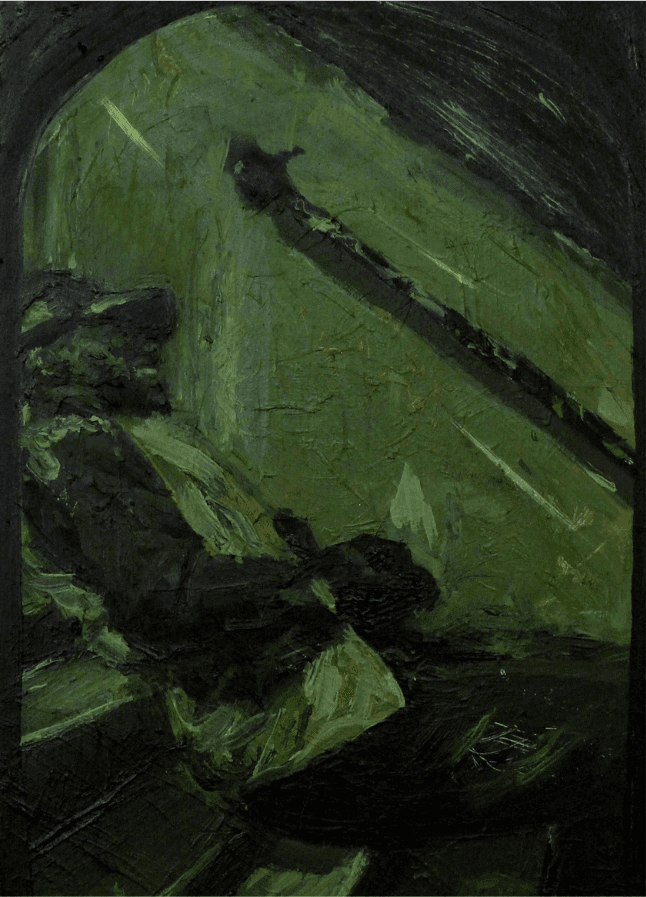 Green monochrome painting on wood panel with an arched form, showing the side profile of a young man laughing while seated on steps.