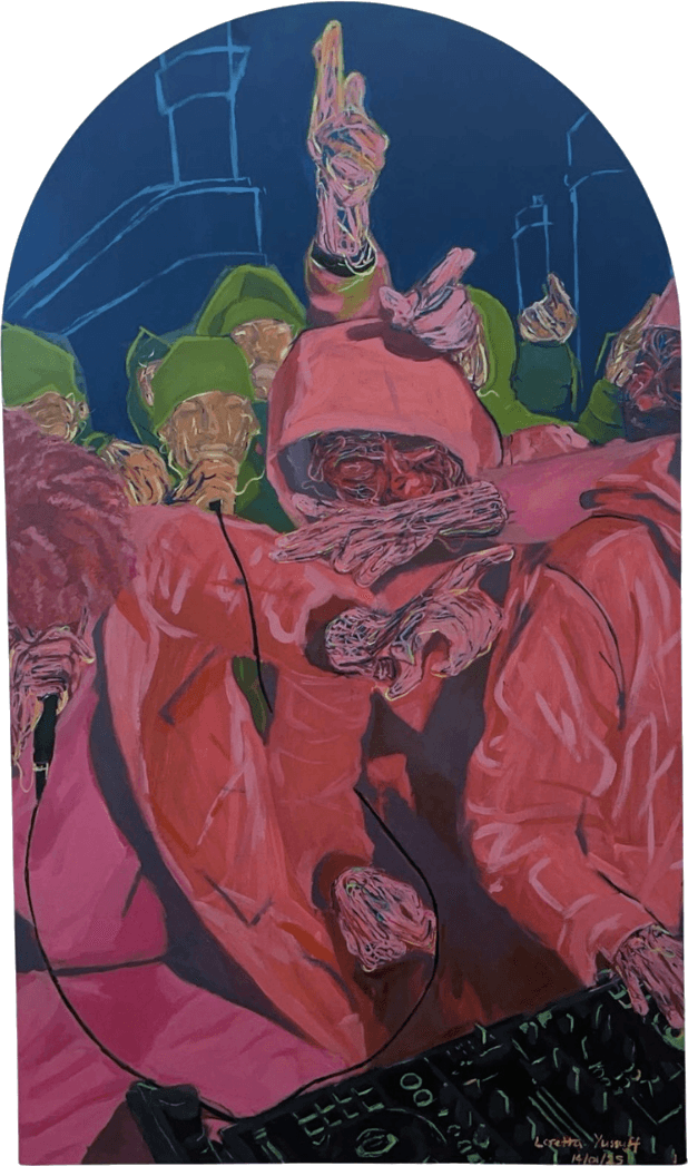 Oil painting by Loretta Yussuff showing a group of young men at a live DJ set in King’s Cross, with two figures rapping into a microphone.