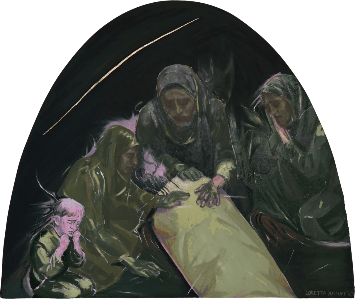 Figures mourning around a body bag, painted on a double-layered canvas with a slit revealing a gold leaf under-layer